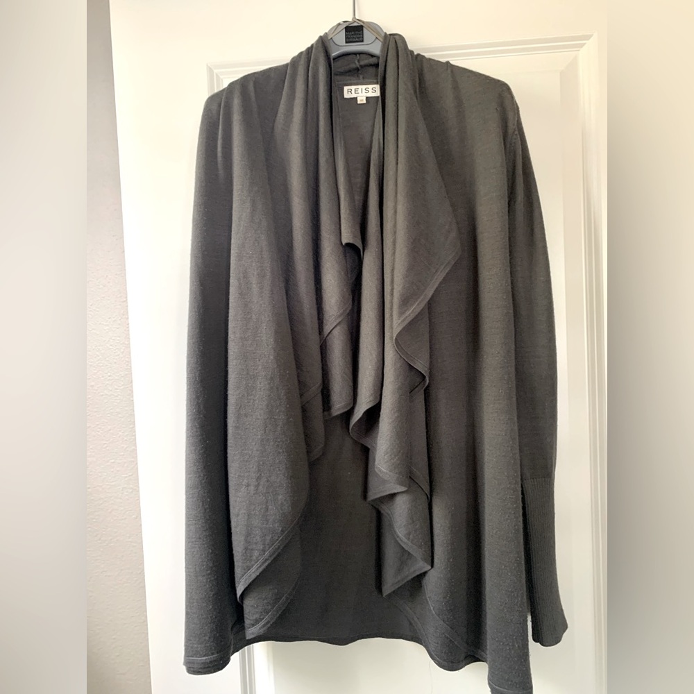 REISS Taupe Knit Sweater, Open Draped Cardigan, Merino Wool Blend